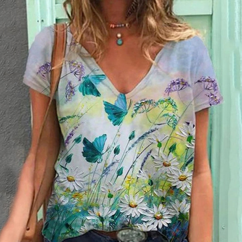 V-hals T-skjorte med blomster-kunst trykk