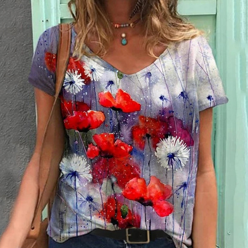 V-hals T-skjorte med blomster-kunst trykk