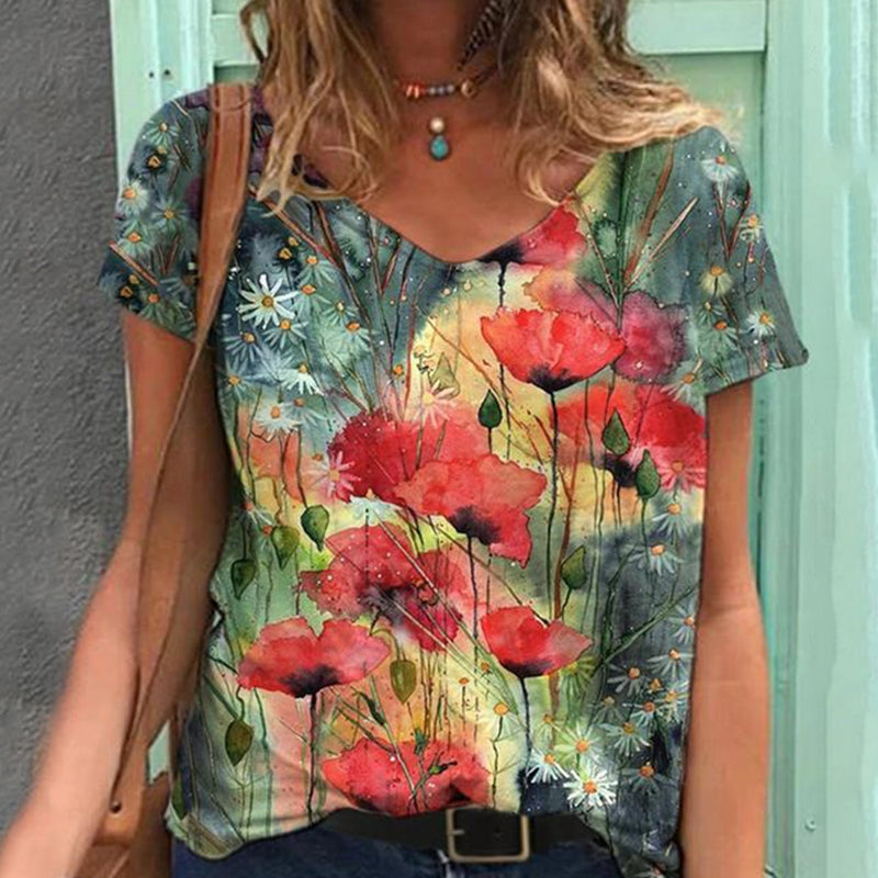 V-hals T-skjorte med blomster-kunst trykk