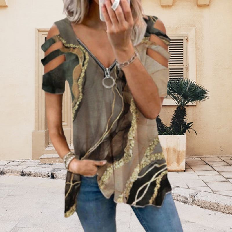 V-hals T-skjorte med glidelås og vintage trykk