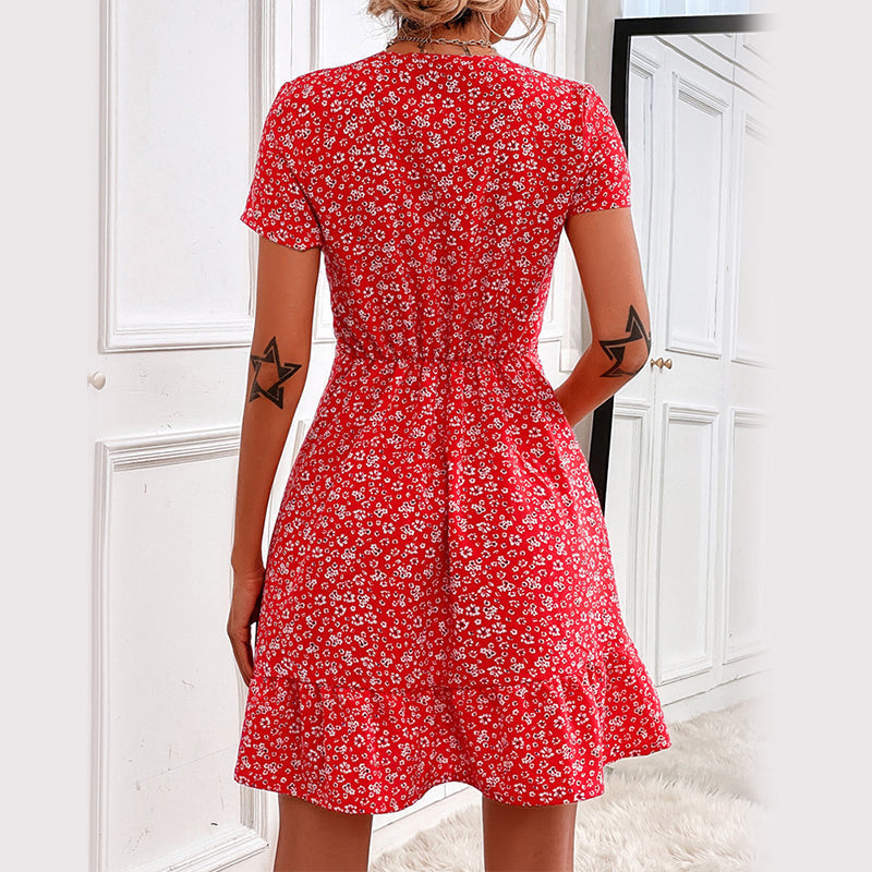 Polka Dot & Floral Printed V Neck Casual Dress